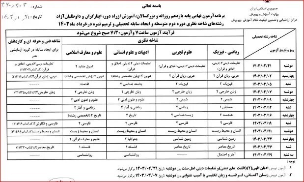 برنامه امتحان نهایی خرداد 1403 5 برنامه امتحان نهایی خرداد 1403 4
