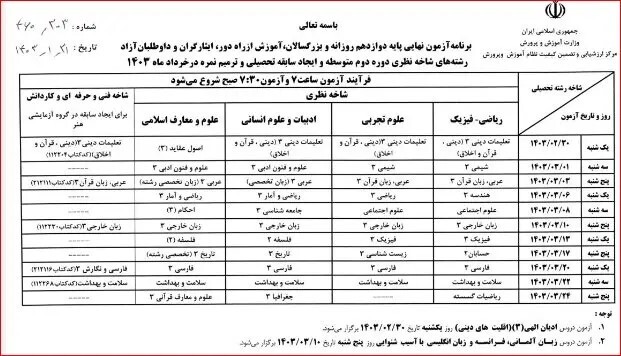 برنامه امتحان نهایی خرداد 1403 6 برنامه امتحان نهایی خرداد 1403 5